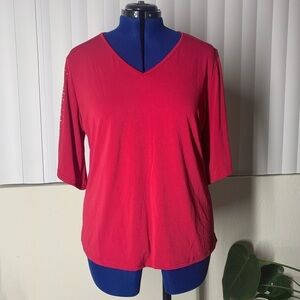 ANA & ROSE red long sleeve with rhinestones blouse vneck cold shoulder XL